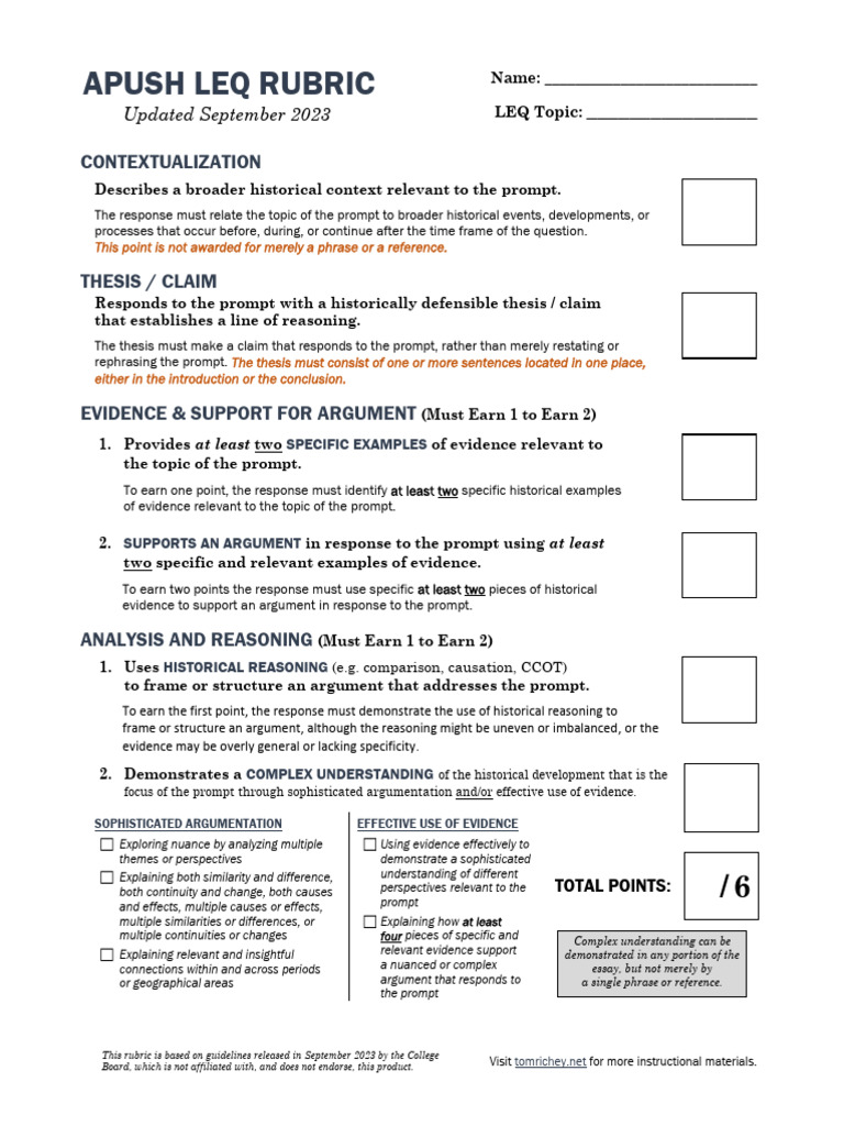 Apush Leq Rubric 2024 Download Free PDF Argument Evidence