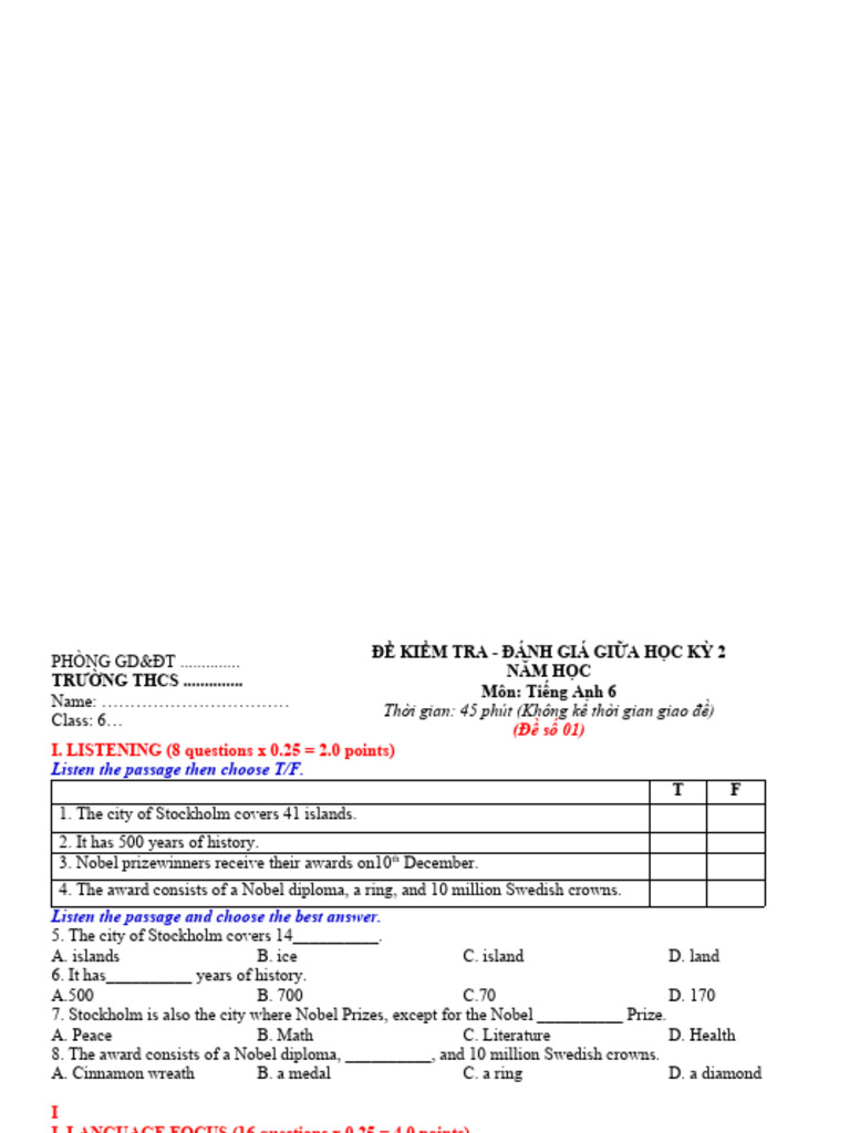 English Test for Grade 6 Students | PDF | Nobel Prize