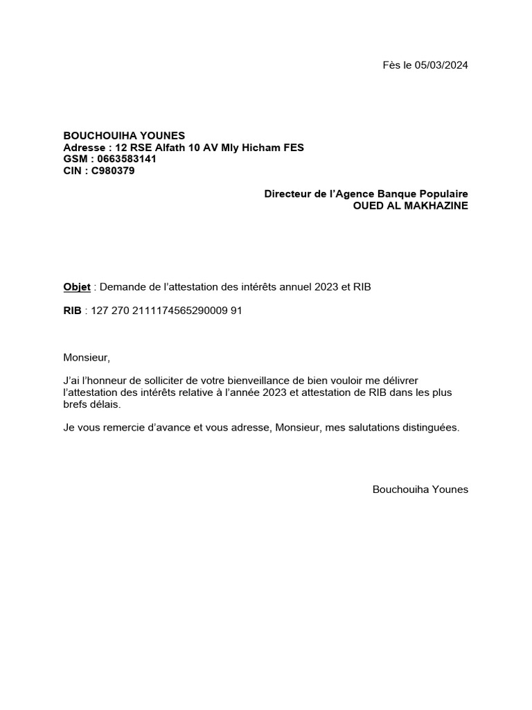 Demande d'attestation des intérêts et RIB | PDF
