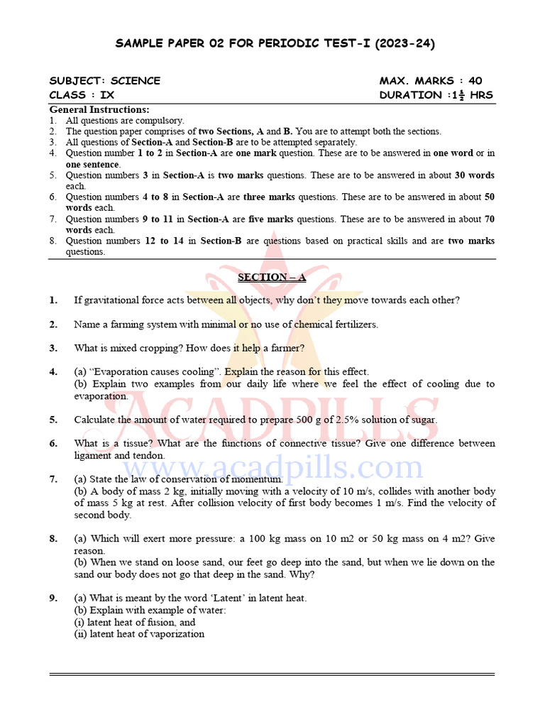 Science Class Ix Periodic Test I Sample Paper 02 | PDF | Mass | Velocity