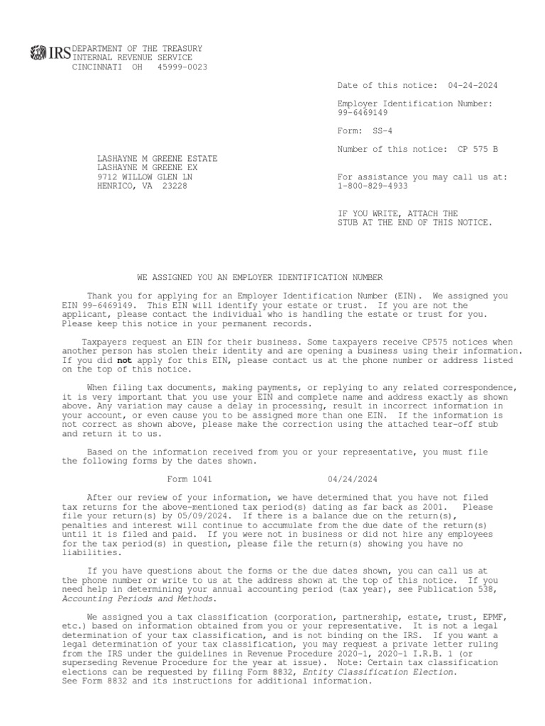 CP575Notice 1713991860830 | PDF | Internal Revenue Service | Taxes