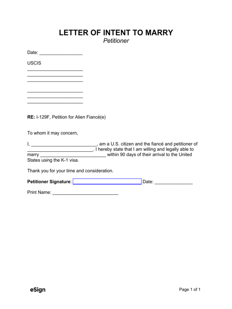 Letter of Intent To Marry Petitioner Template PDF