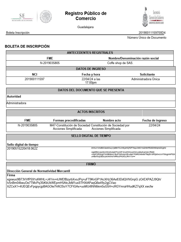Inscripción de Coffe Shop de SAS en Jalisco | PDF