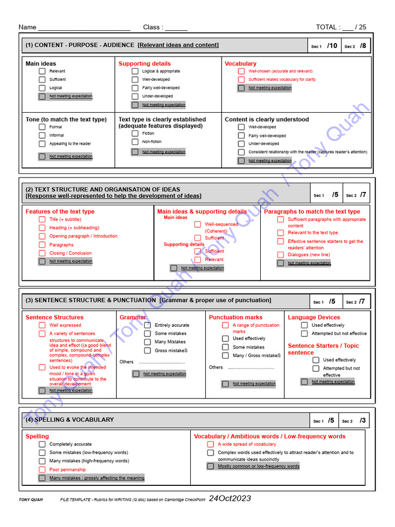 Rubrics For WRITING (24OCT2023) | PDF | Writing | Linguistics