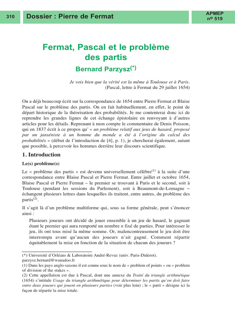 Fermat et Pascal : Problème des partis | PDF | Probabilité | Espérance ...