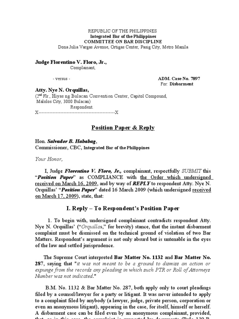 ADM. Case No. 7897, Position Paper