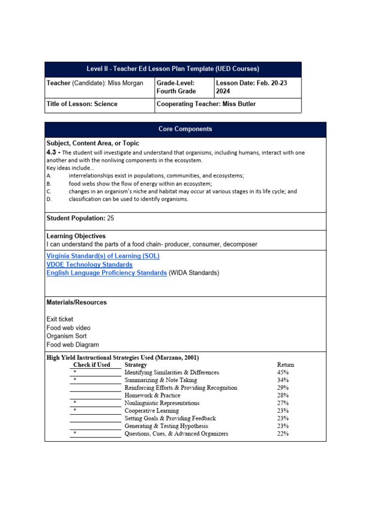 Fourth Grade Science Lesson Plan Template | PDF | Learning | Food Web