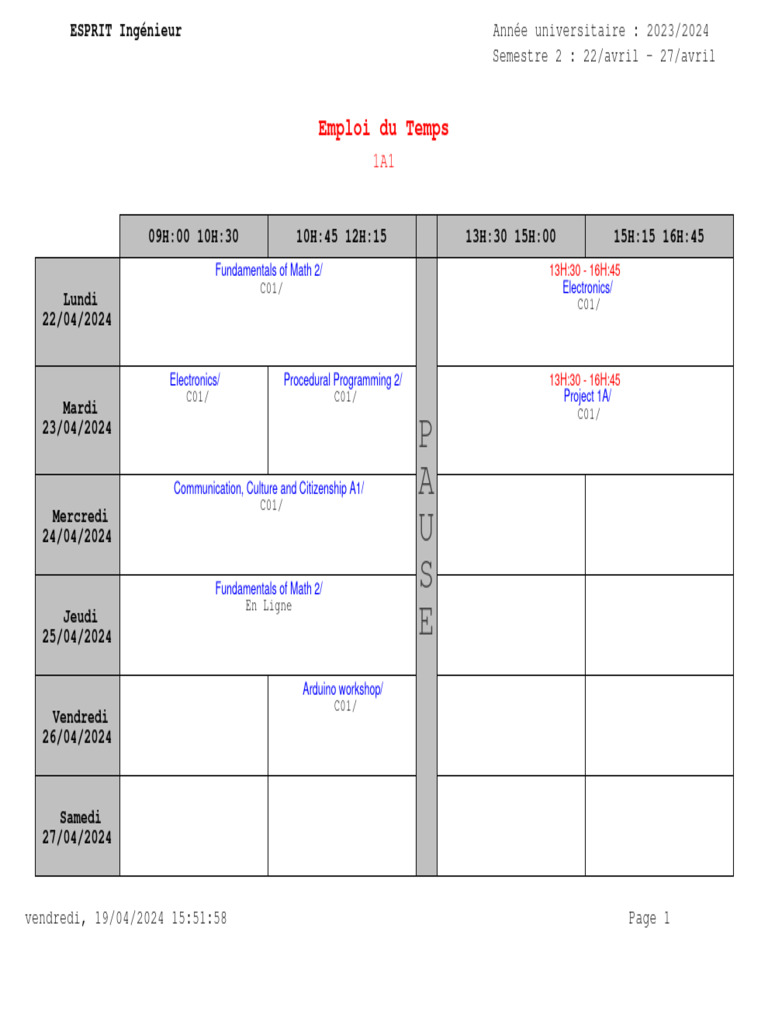 Emploi du Temps Semestre 2 2023/2024 | PDF | Électronique ...