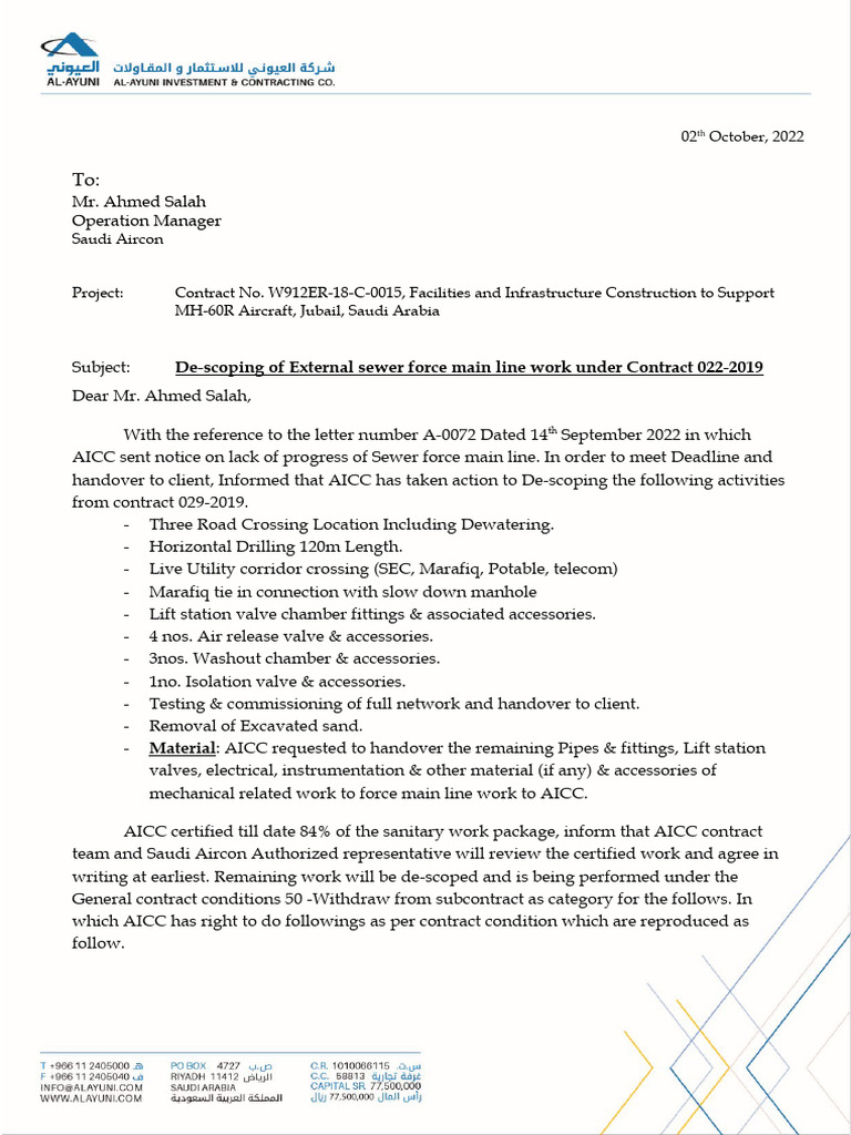 Letter To Aircon For Descoping Force Main Line | PDF | Sanitary Sewer