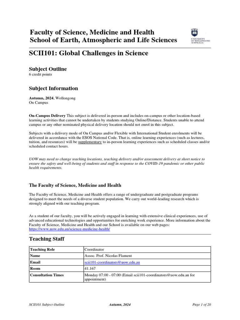SCII101 Subject Outline Autumn 2024 | PDF | Educational Assessment ...
