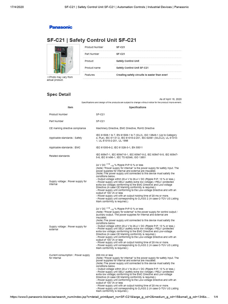 Panasonic SF-C21 Safety Control Unit | PDF | Power Supply | Electricity
