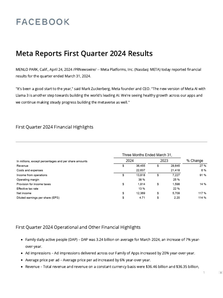 Meta Reports First Quarter 2024 Results 2024 PDF Expense