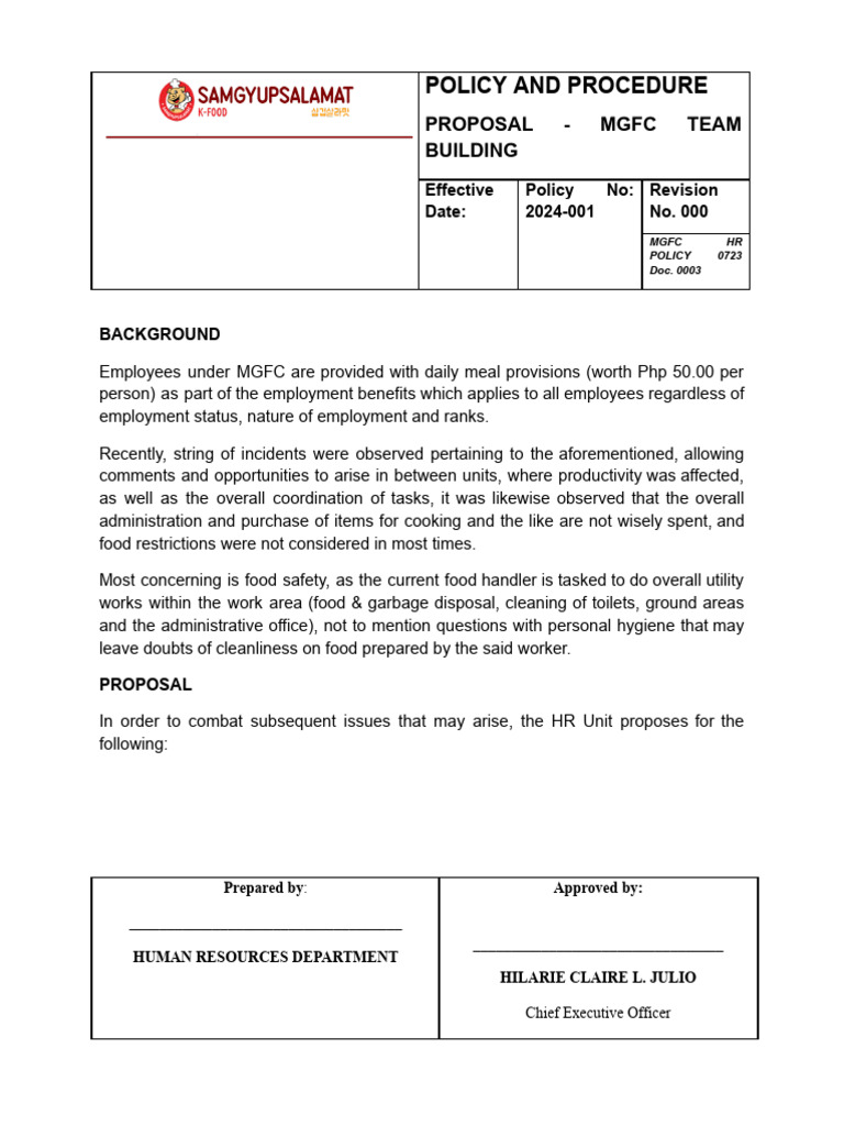 Employee Meal Allowance Proposal | PDF | Employment | Human Resources