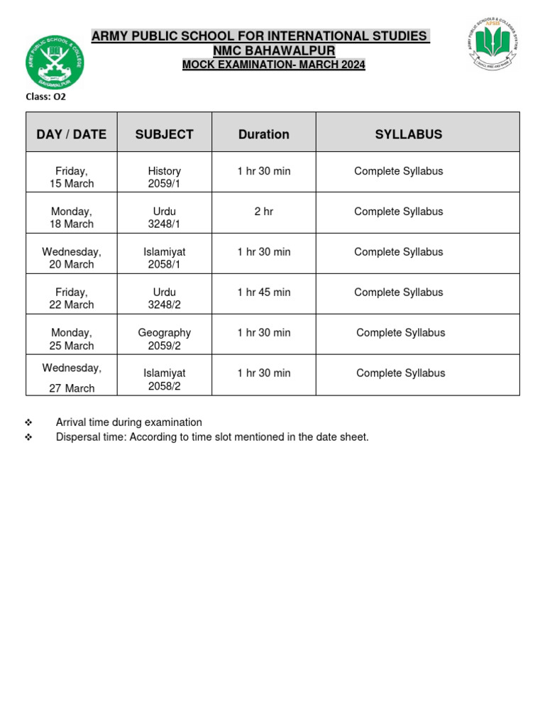 March 2024 Mock Exam Schedule | PDF