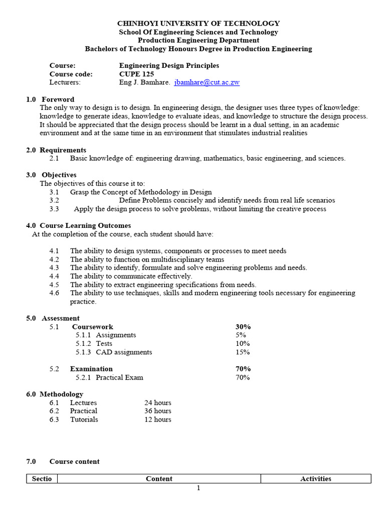 Course Outline Engineering Design Principles | PDF | Engineering ...