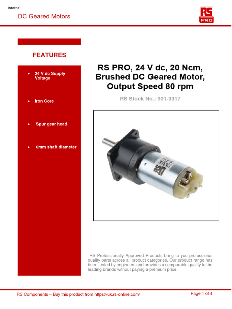 Rs pro 24 v dc 20 ncm brushed dc geared motor output speed 80 rpm