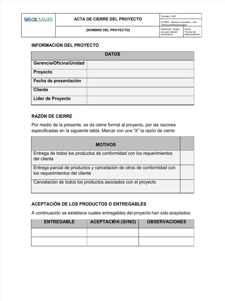 PDF f007 Acta de Cierre Del Proyecto Compress | PDF | Informática ...