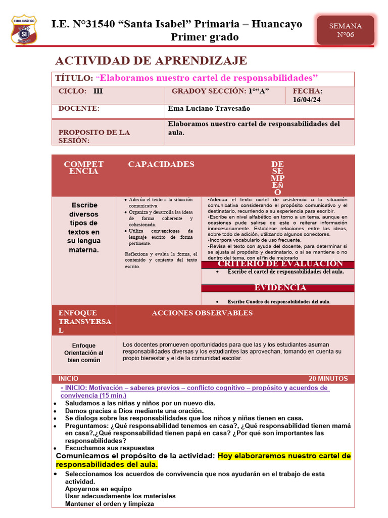 Cartel de Responsabilidades en el Aula | PDF | Aprendizaje | Cognición