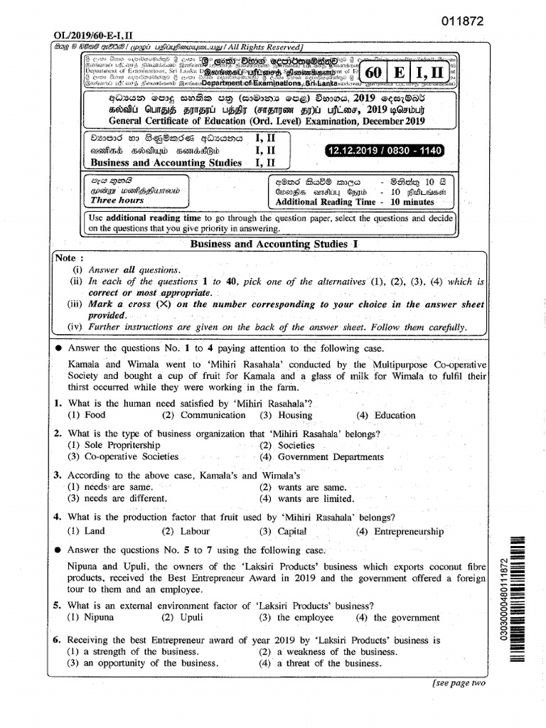 2019 OL Business Accounting Studies Past Paper English Medium | PDF