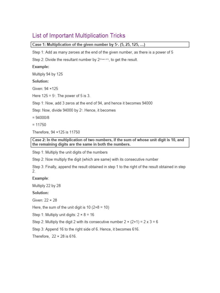 List of Important Multiplication Tricks PDF Multiplication Numbers