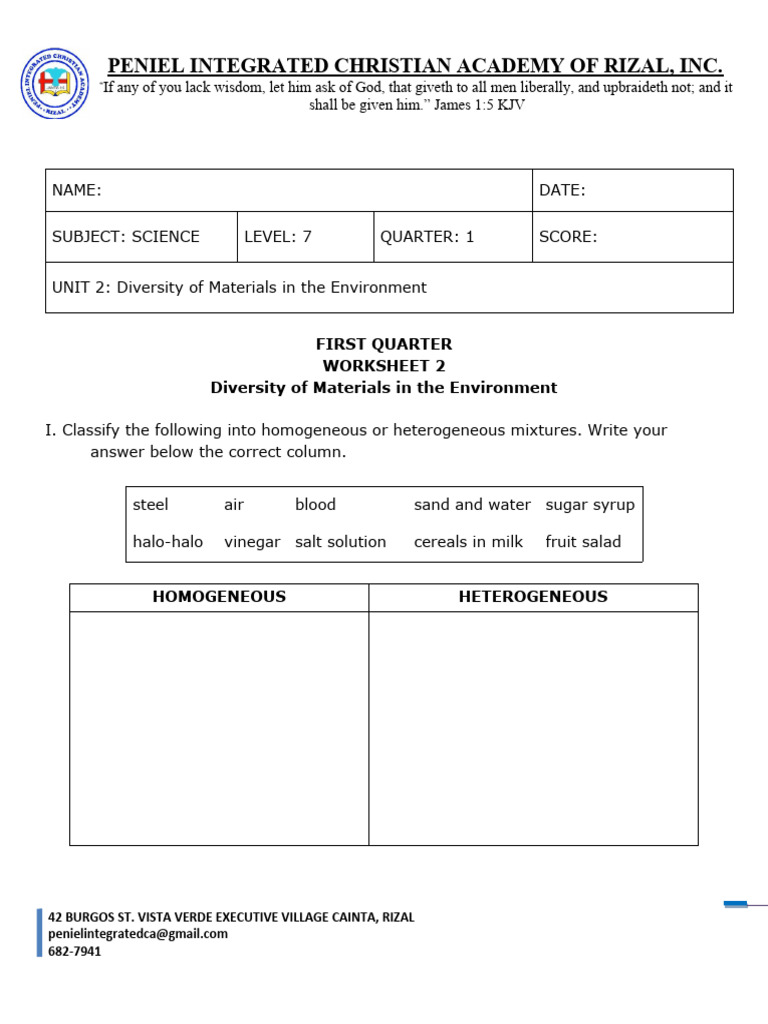 Grade 7 Science Worksheet on Mixtures and Solutions | PDF | Mixture | Water