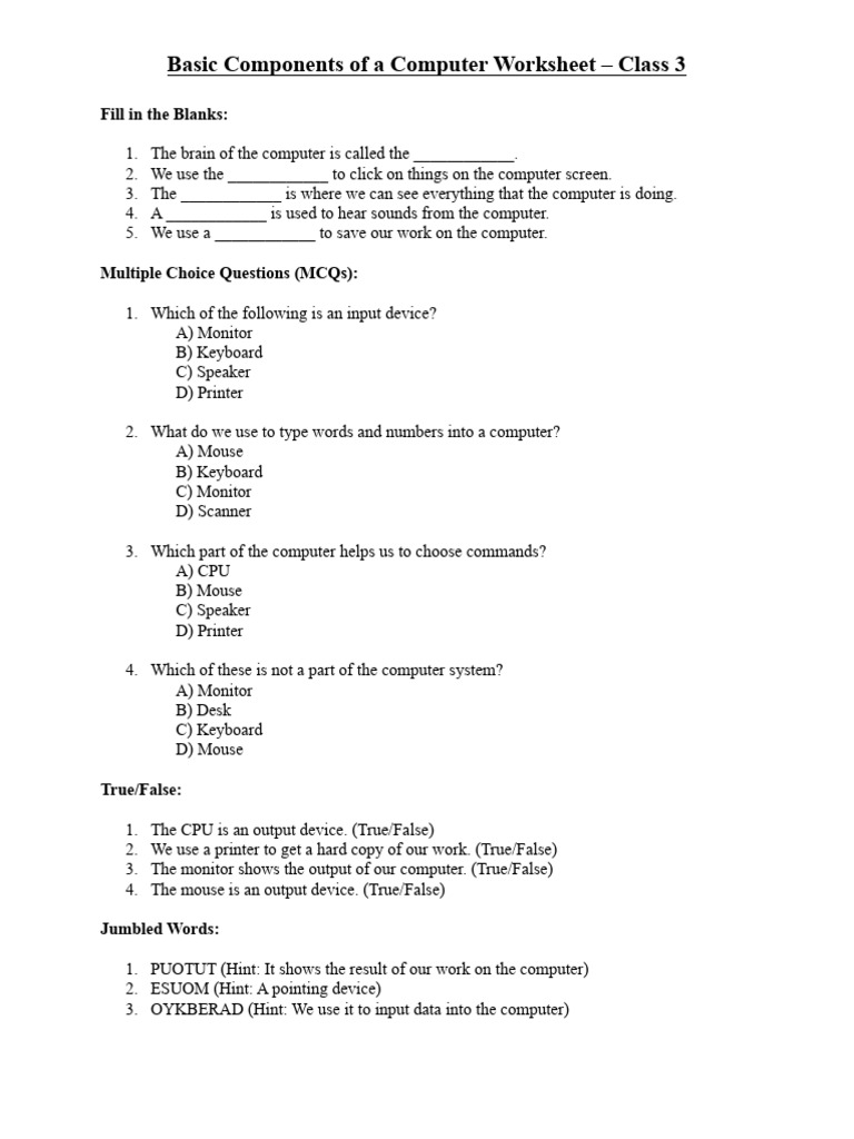 Class 3 - Basic Components of A Computer (Revision Worksheet) - April ...