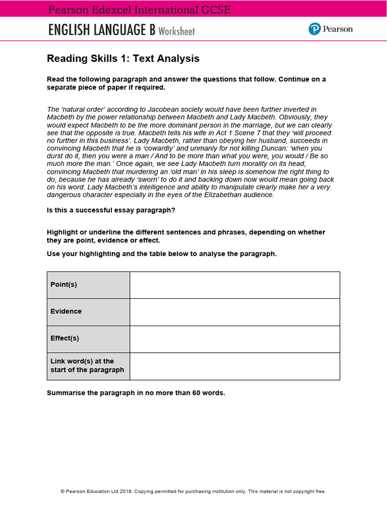 Worksheet 1 - Reading Skills 1, Text Analysis | PDF | Macbeth
