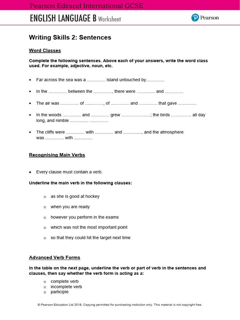 Worksheet 4 - Writing Skills 2, Sentences | PDF | Sentence (Linguistics ...