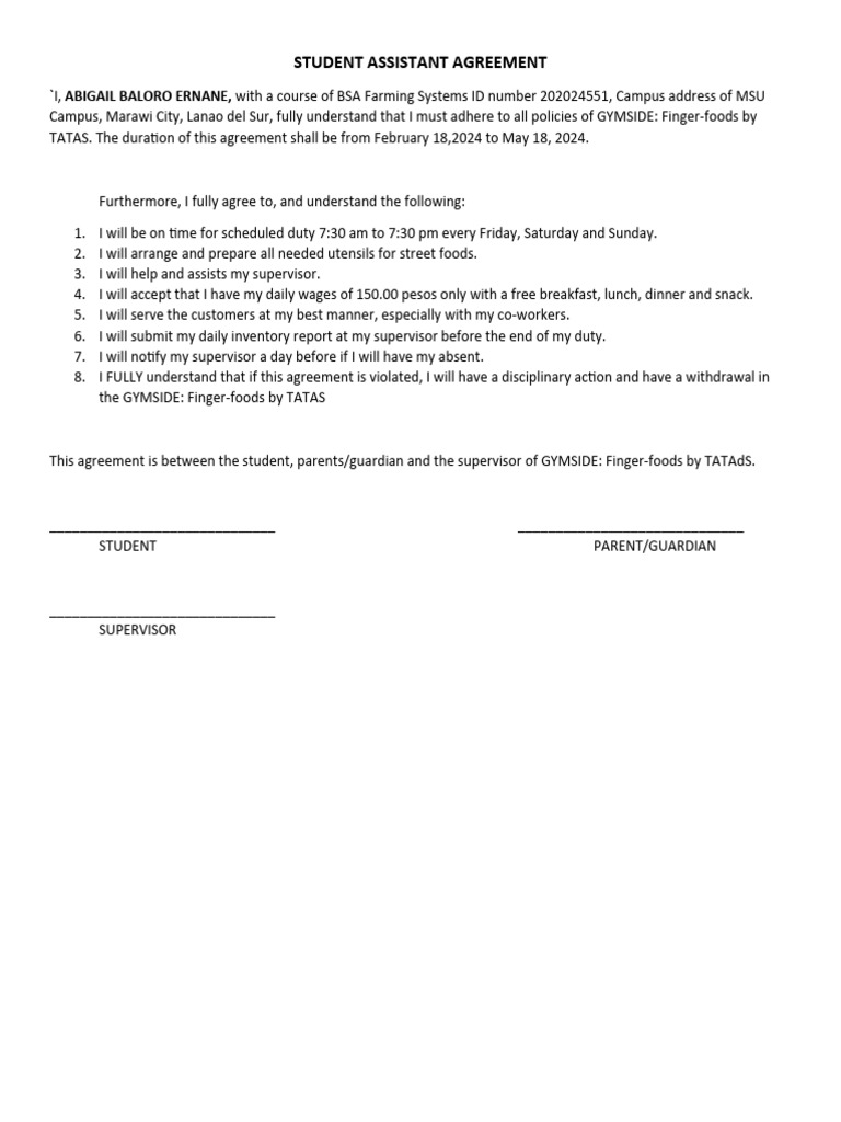Student Assistant Agreement | PDF | Foods | Eating Behaviors Of Humans