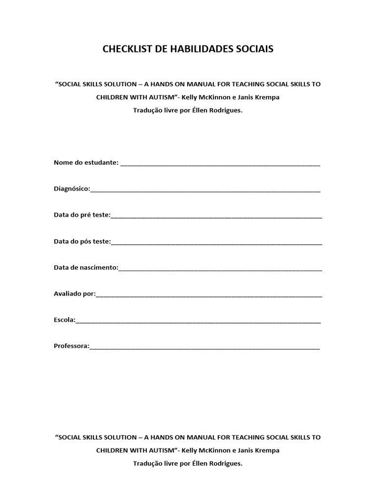 Checklist de habilidades sociais social skills download gr tis pdf