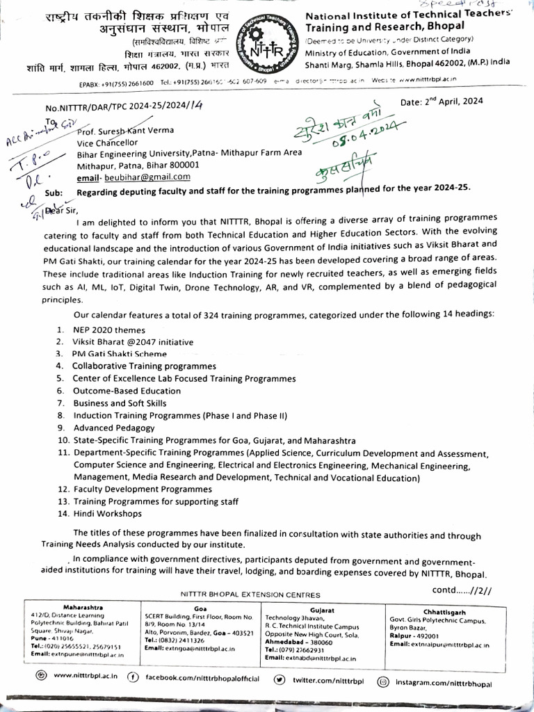 NITTTR Bhopal Training Programme Letter | PDF | Engineering