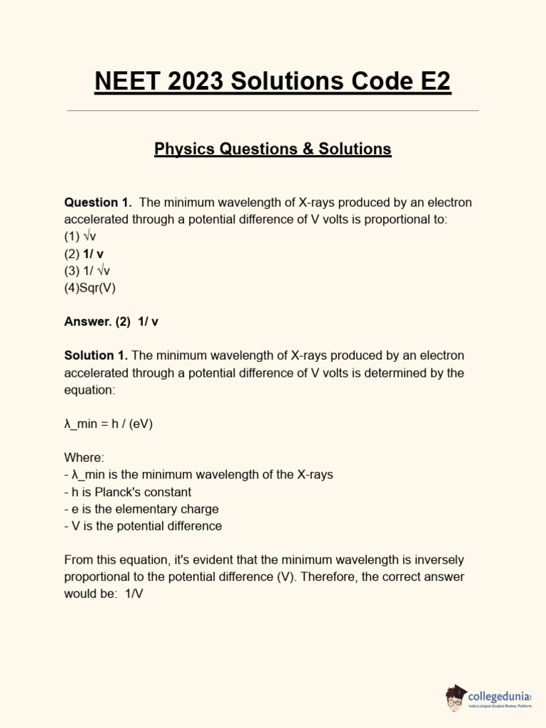 NEET 2023 Solutions Code E2 | PDF | Intermolecular Force | Rectifier