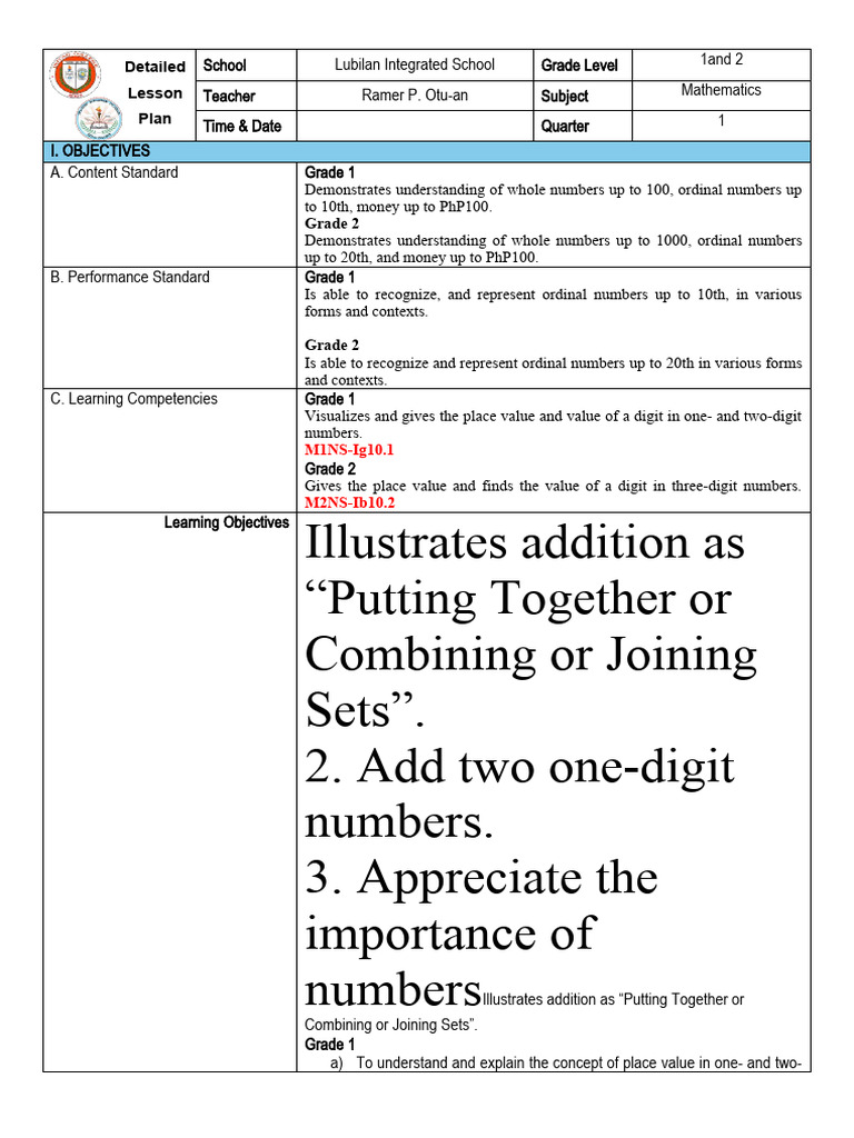 Grade 1 & 2 Math Lesson Plan | PDF | Learning | Behavior Modification