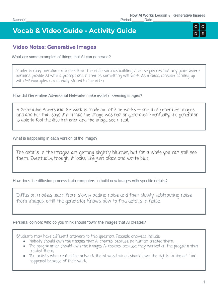 Answer Key - Generative Images Vocab and Video Guide | PDF | Artificial ...