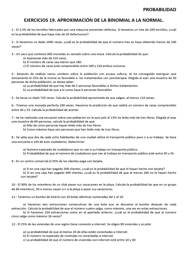 Ejercicios De Aproximaci n Binomial A Normal PDF Probabilidad