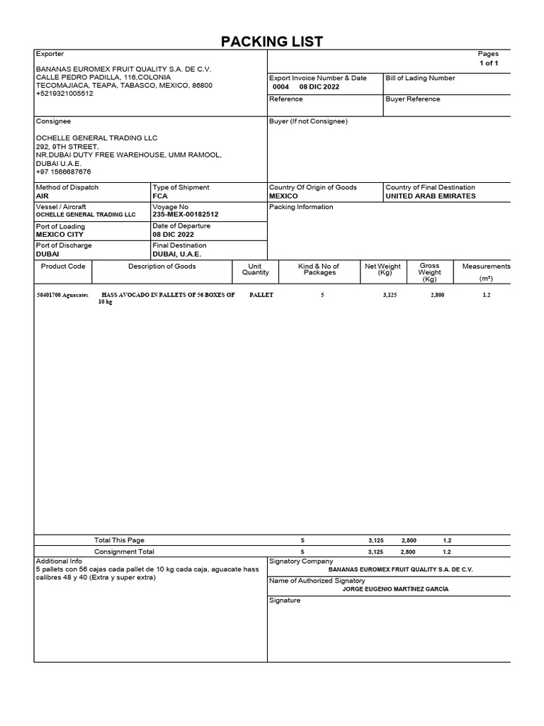 Packing Listee OCHELLE | PDF | Freight Transport | Supply Chain Management