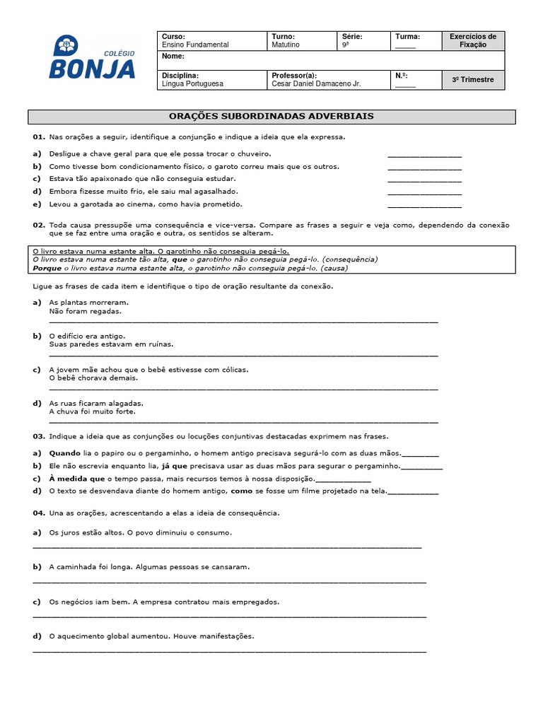 Exercícios sobre Orações Subordinadas Adverbiais | PDF