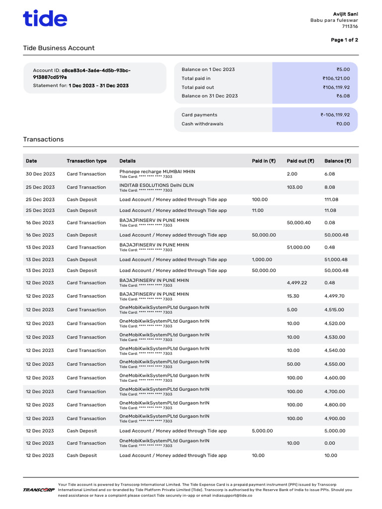Tide Expense Card Statement Summary | PDF | Payment Protection ...