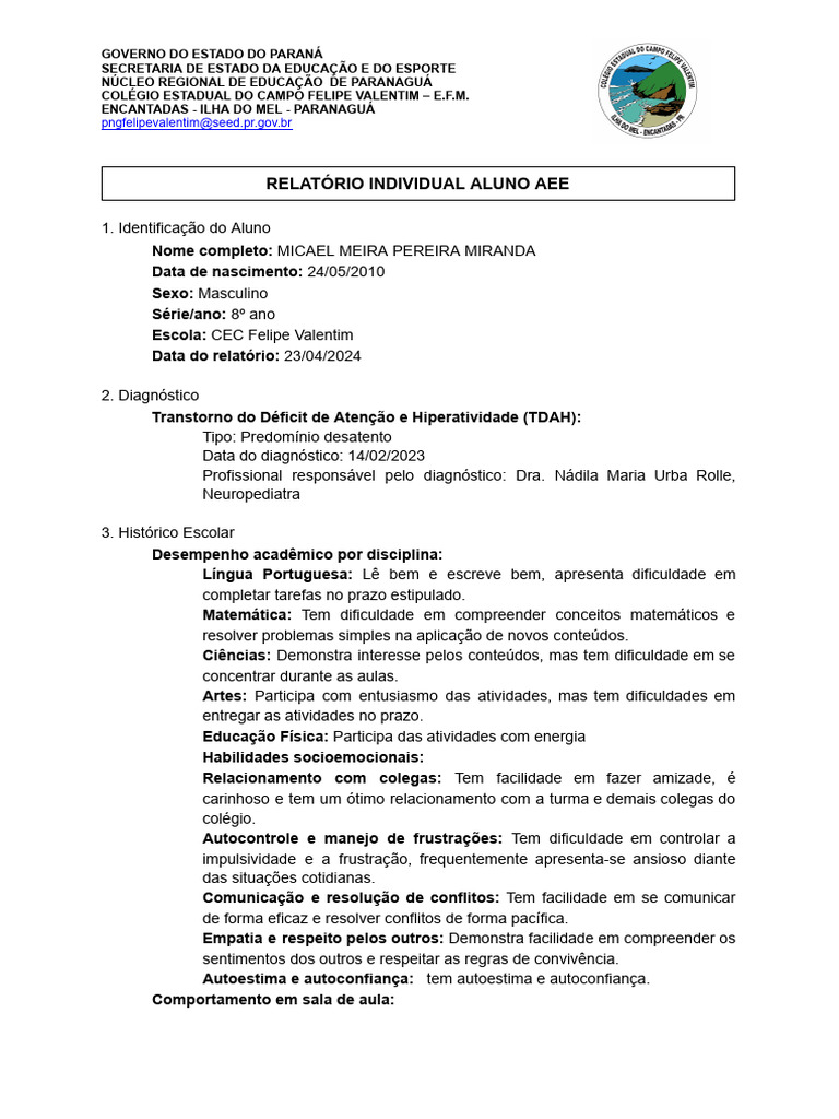 Relatório Individual de Aluno com TDAH | PDF | Transtorno de déficit de ...