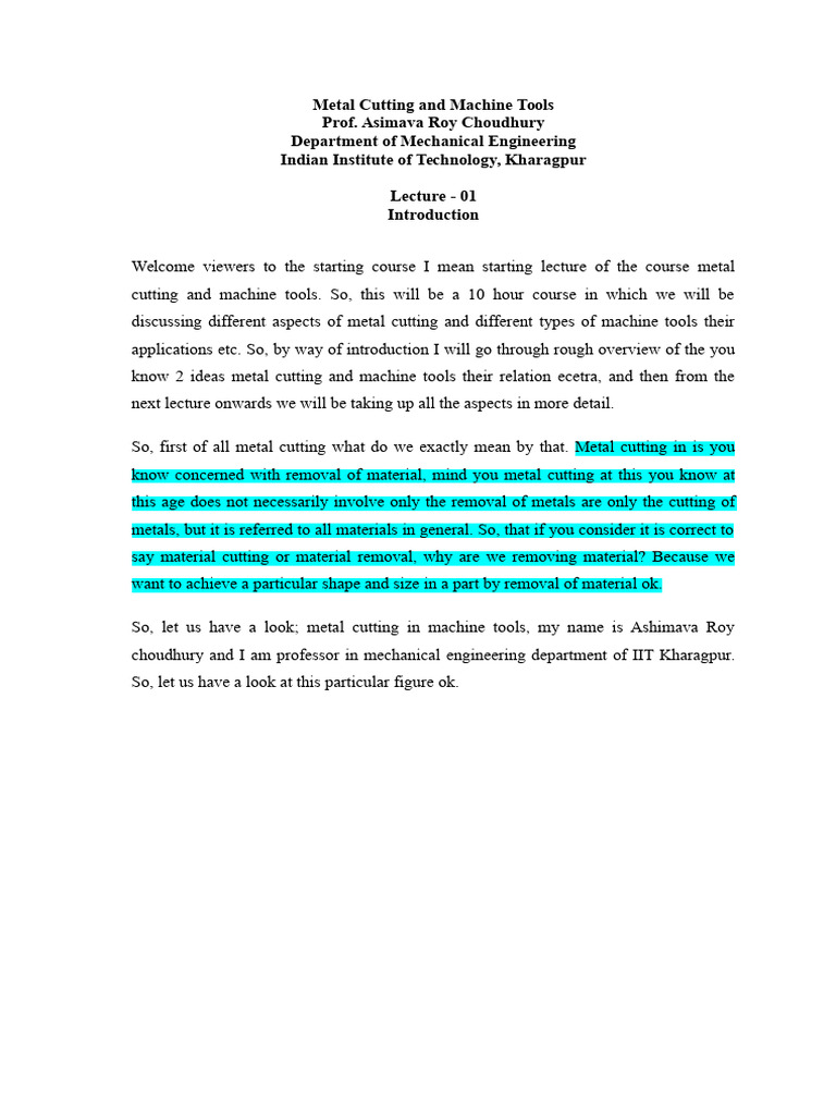 Nptel Metal Cutting and Machine Tools PDF Machining Machine Tool