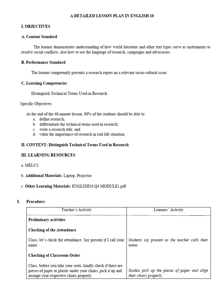 A Detailed Lesson Plan in English 10 | PDF | Hypothesis | Survey ...