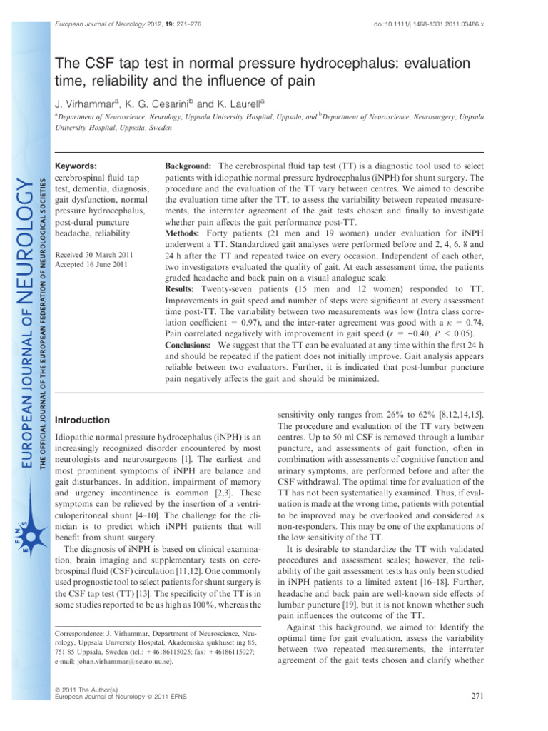 The CSF Tap Test in Normal Pressure Hydrocephalus - Evaluation Time ...