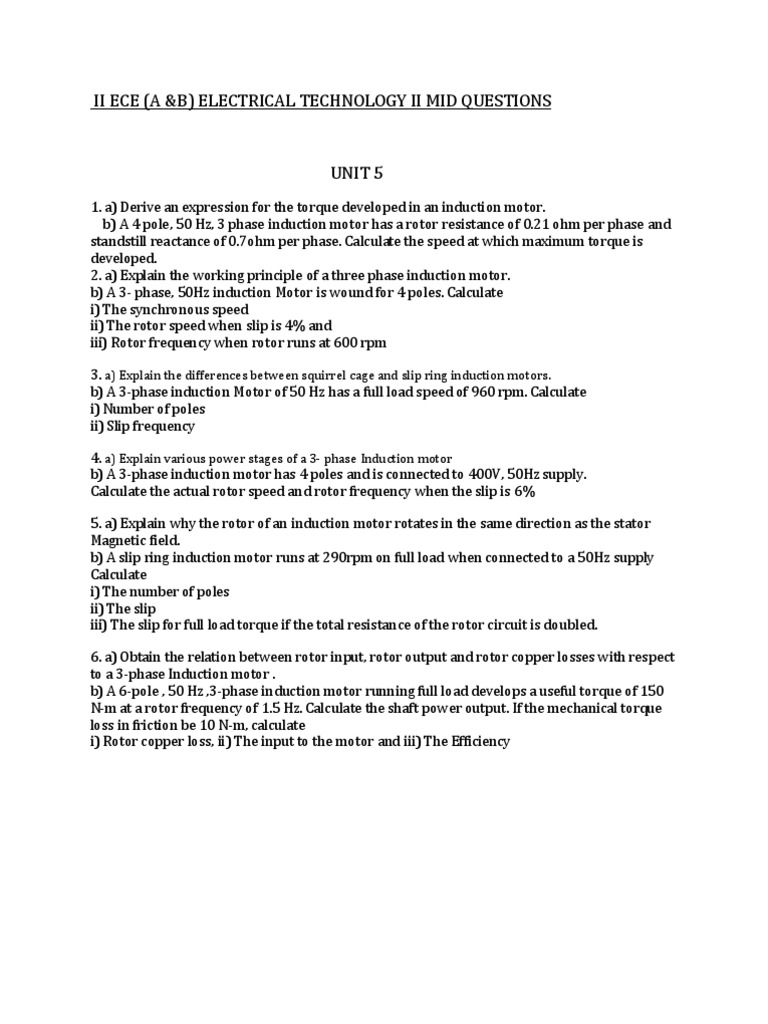 Induction Motors & Alternators Exam Questions | PDF | Electric Motor ...