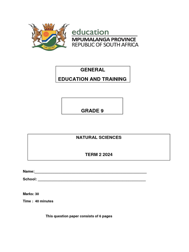 Grade 9 Natural Science Term 2 Test 2024 | PDF | Chemistry | Atoms