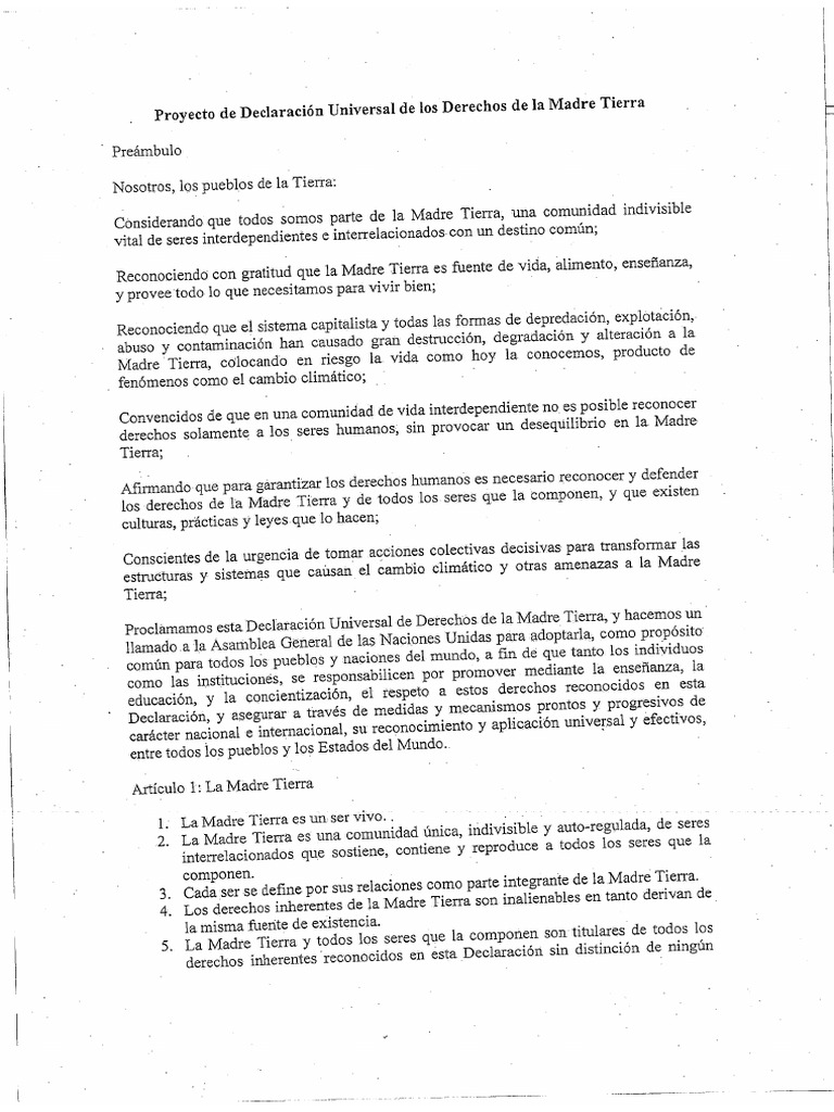 Draft Universal Declaration Right Mother Earth Pdf