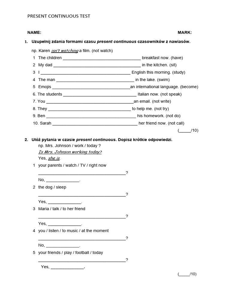 Present continuous test pdf