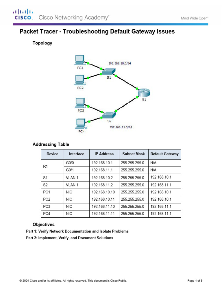 Packet Tracer 10.3.5 Troubleshoot Default Gateway Issues