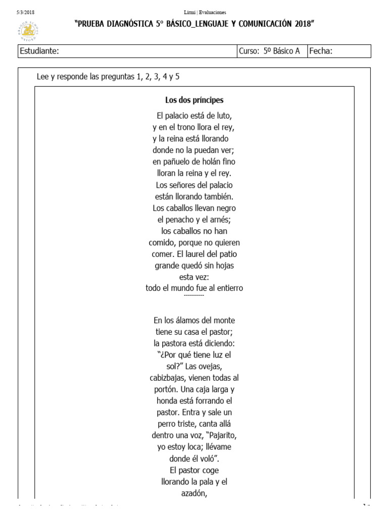 Prueba Diagnóstica Lenguaje 5° Básico | PDF