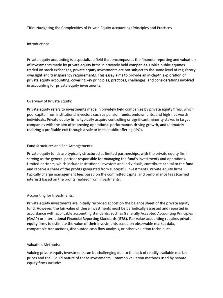 Private Equity Accounting Summary Pdf Valuation Finance Private