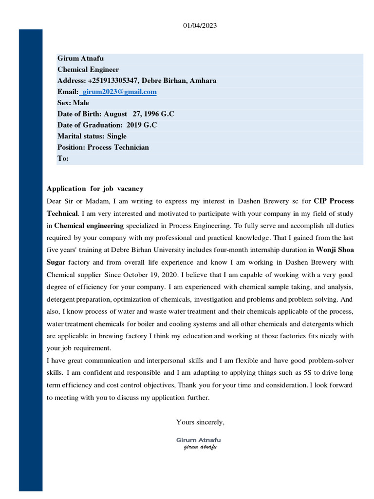 Chemical Engineer Job Application | PDF